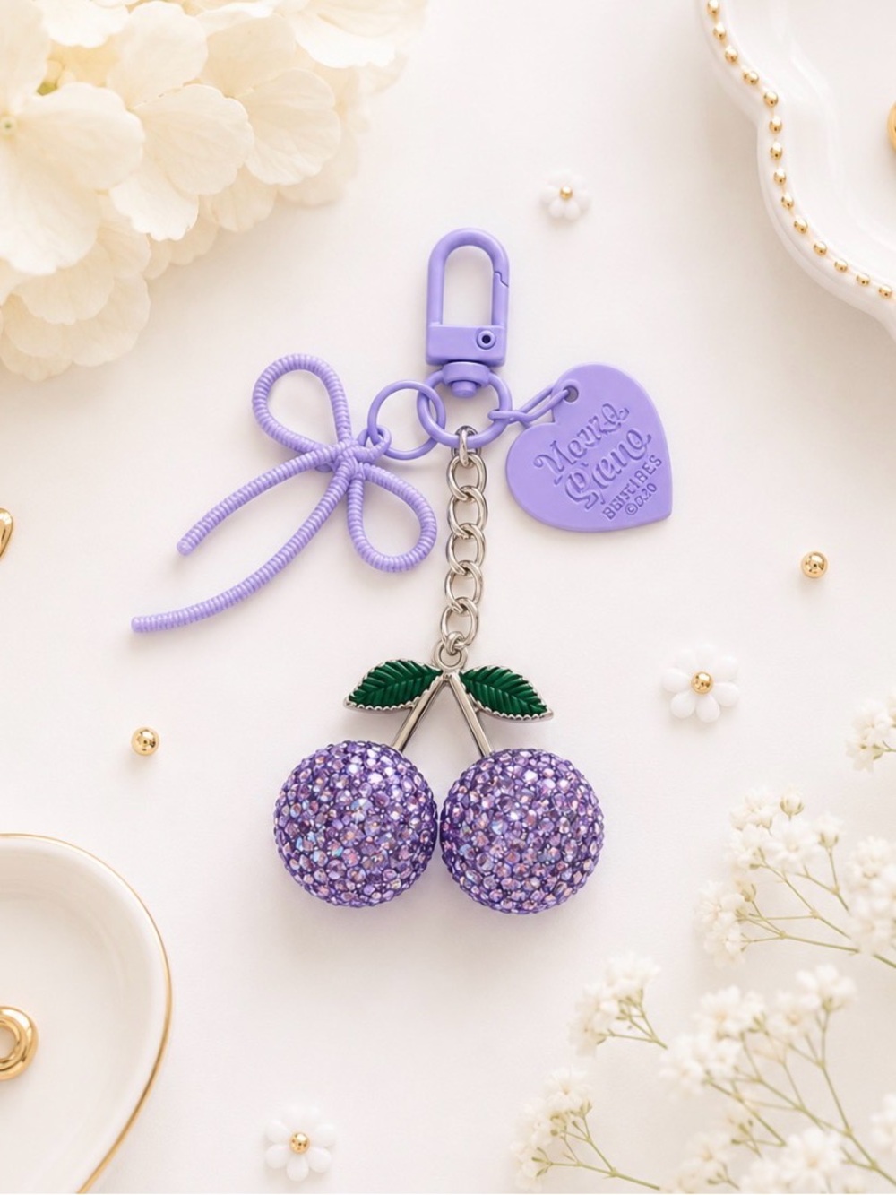 Bag Charm/Keyring-Purple Rhinestone Cherry Charm with Bow & Heart-NWOT